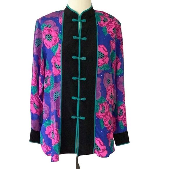 Bob Mackie Wearable Art 100% Silk Asian Floral Tunic Top Blouse Women’s Medium - Picture 1 of 7